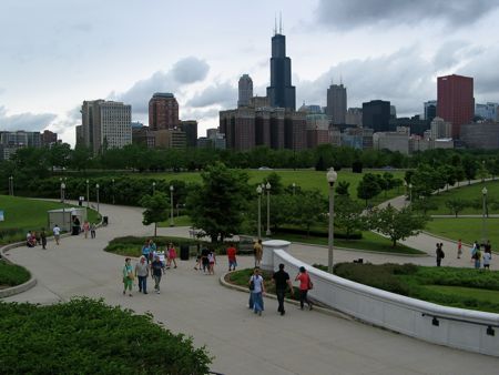 Chicago Skyline and Grant Park paths from the Field Museum Downtown