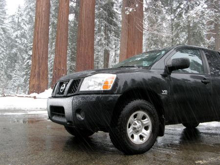 My truck in the Grant Grove parking lot, getting snowed on.