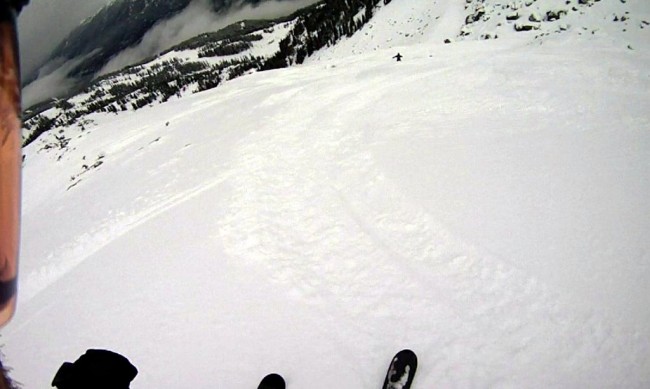 Some fresh snow, with rocks.