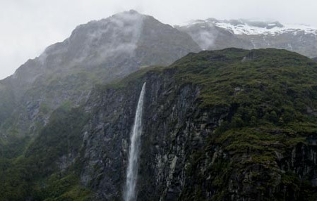 Waterfalls, peaks around Rob Roy Glacier in Mt. Aspiring NP.