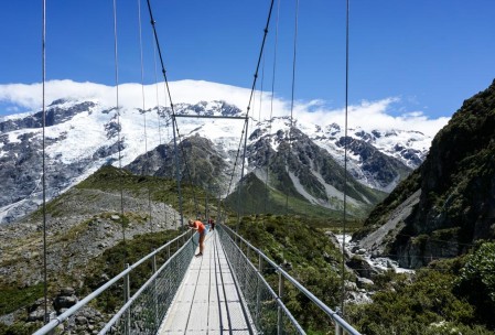 Swing bridge heading toward Mt. Cook