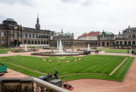 Courtyard of the Zwinger with lawn crew.