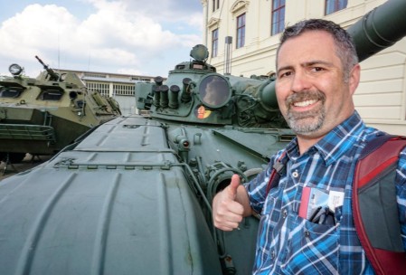 Me with a Soviet-built DDR tank. There was an outdoor display of West and East German military vehicles. The West's were better (was the message).