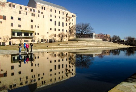 The museum is housed in the building shown. The blackened tree there survived the bombing.