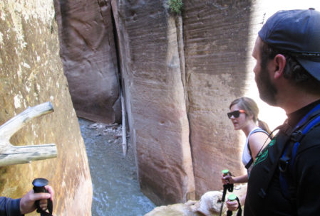 We'll just tie up a rope and rappel down the (narrow) waterfall. No, no, that's not a trail over there that goes around it. Don't be foolish, I've been here before, you haven't.